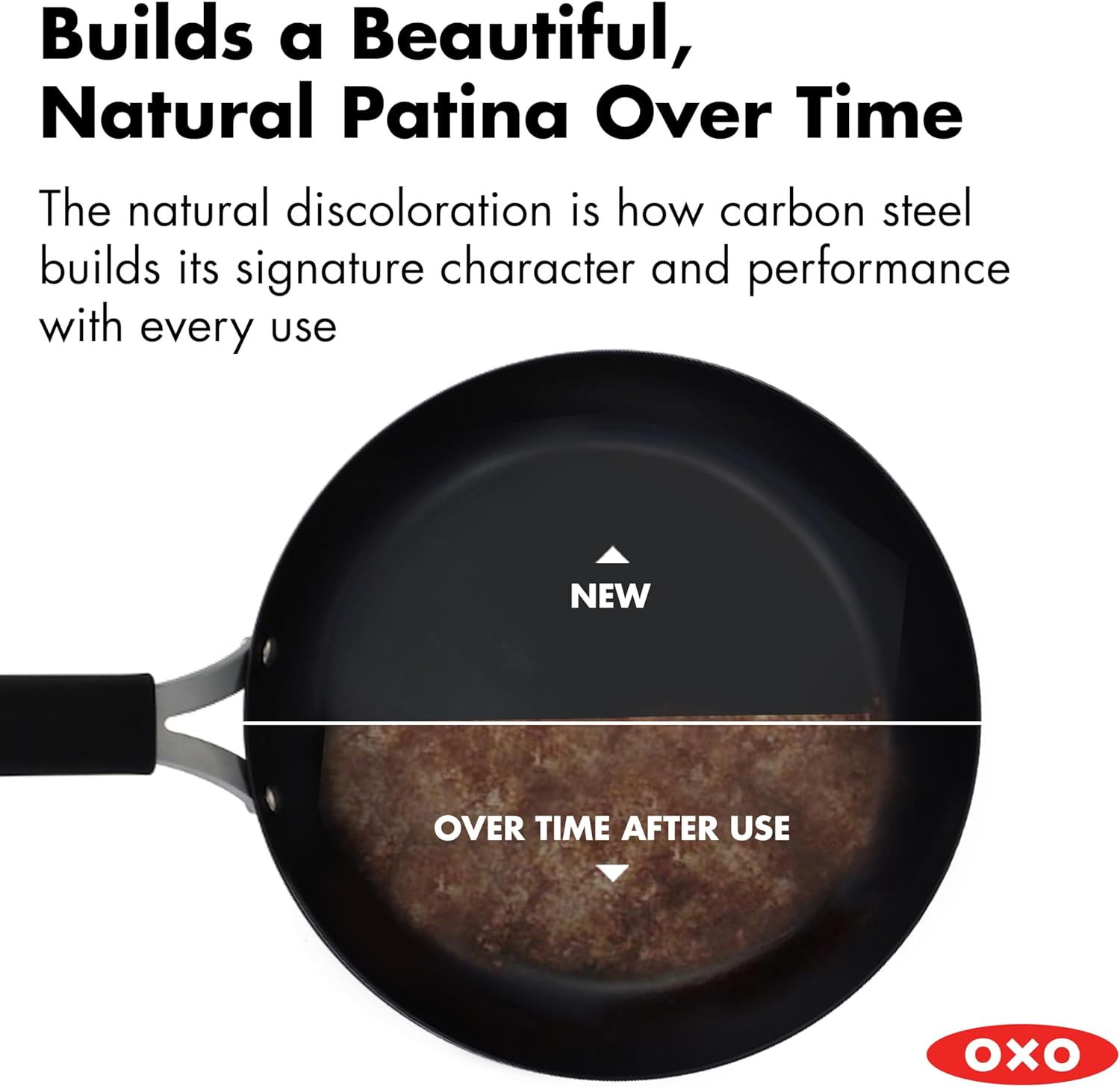 OXO Obsidian Pre-Seasoned Carbon Steel, 12" Frying Pan Skillet with Removable Silicone Handle Holder, Induction, Oven Safe, Black image number 2