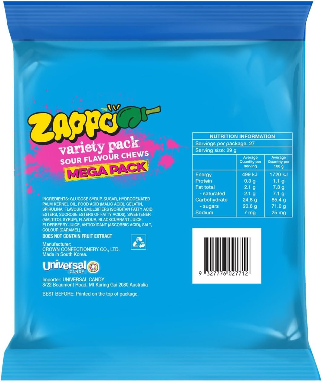 Zappo Sour Chews Variety Pack 780 G Mixed Flavours Share Bag image number 3