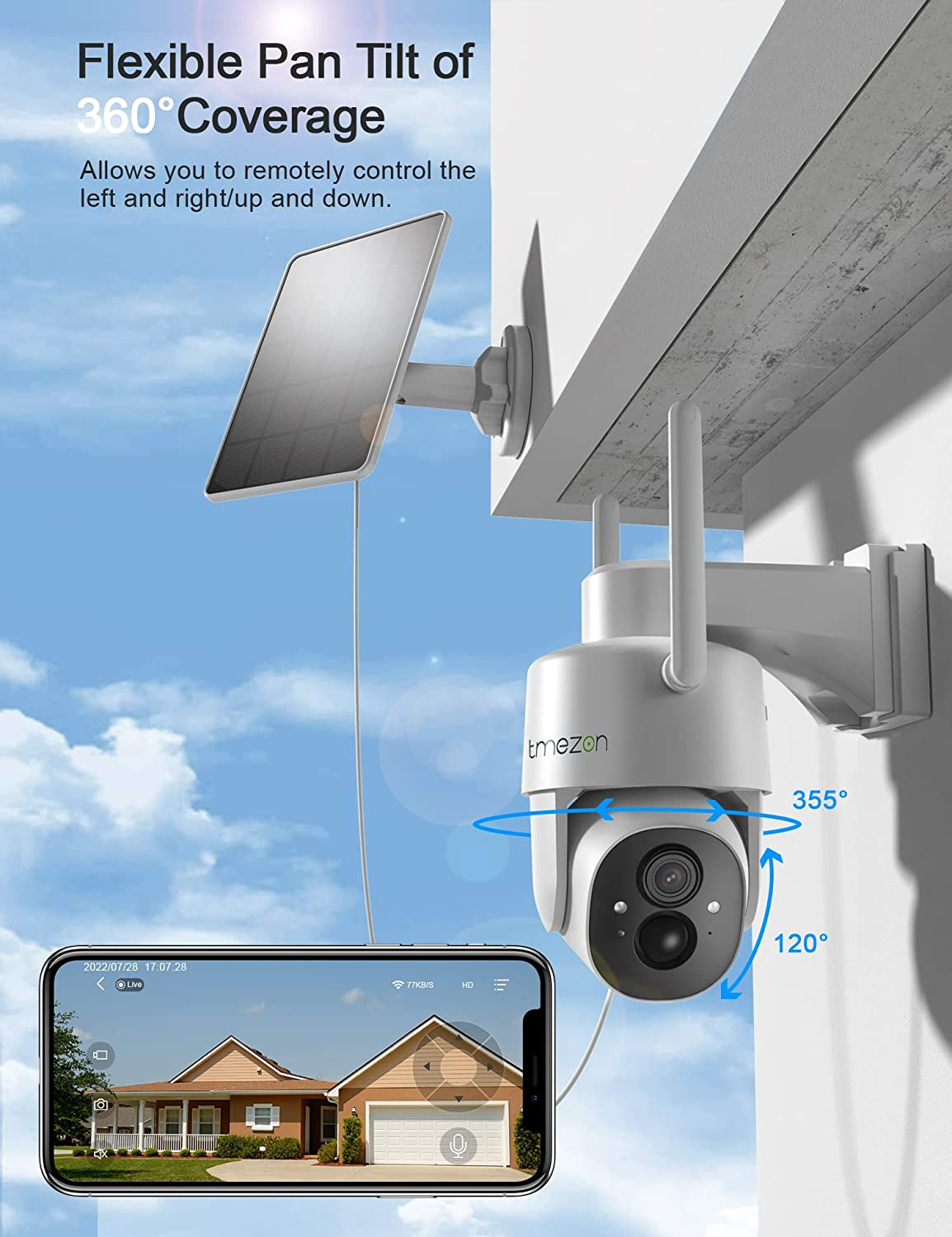 TMEZON 2 Pack Solar Powered Security Camera, Outdoor Wireless 360&deg; PTZ Camera for Home Surveillance with 3MP Night Vision Pan Tilt Solar Powered Two-Way Audio Motion Detection 2.4Ghz Wifi IP65 image number 1