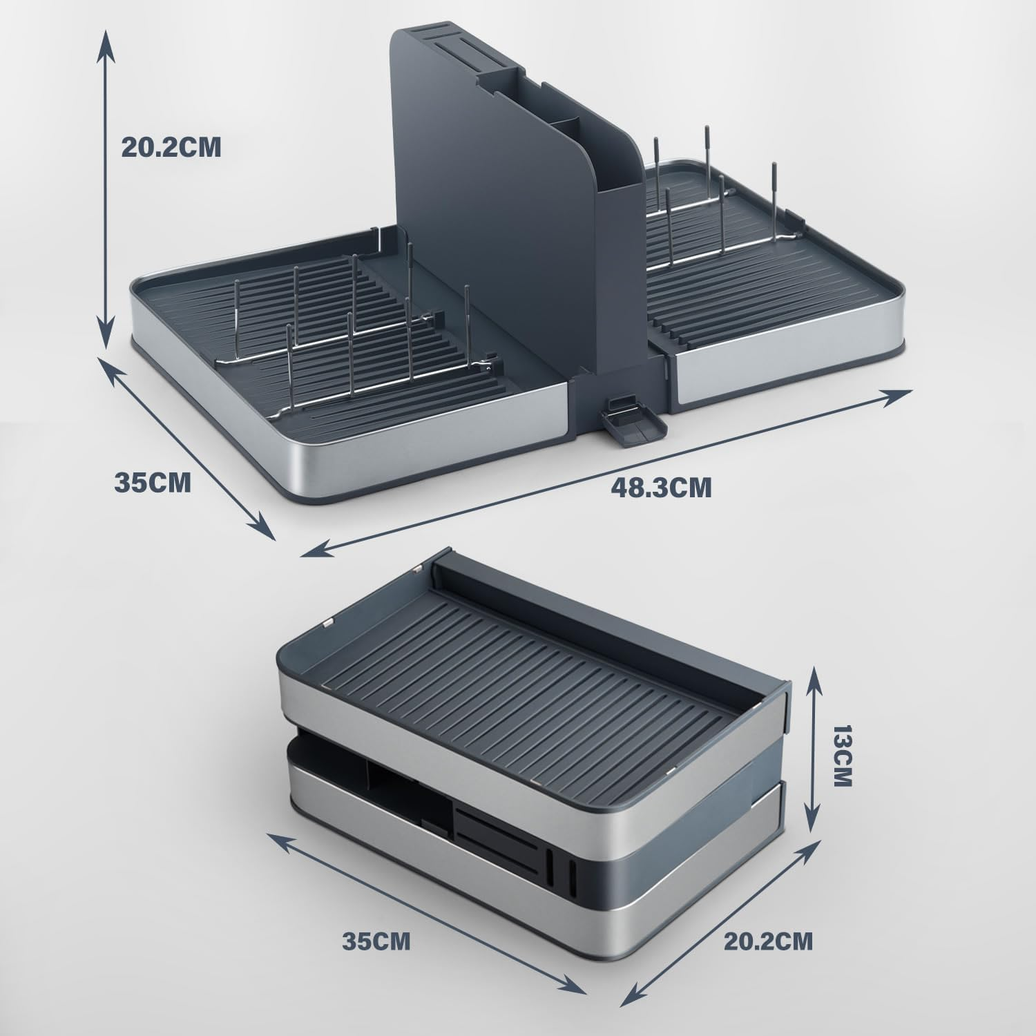 Stelive Foldable Dish Drainer Rack with Removable Cutlery Holder Stainless-Steel Dish Drying Rack with Dual Parts, Space-Saving Dish Rack, Rustproof Utensil Drainer for Kitchen Counter, Gray/Steel image number 5