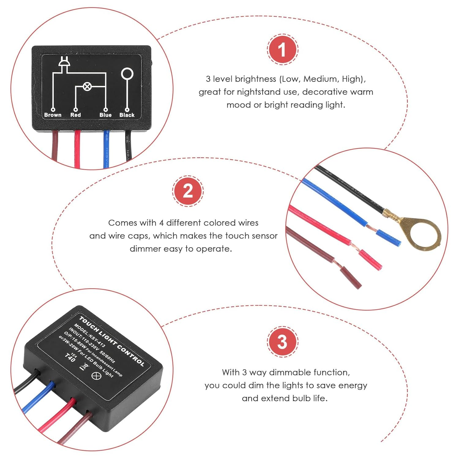 Touch Lamp Switch 2 Pack,Touch Lamp Control Module for Dimmable Led,Bulbs,Lamp Switch Replacement Kit with Wiring Caps image number 2