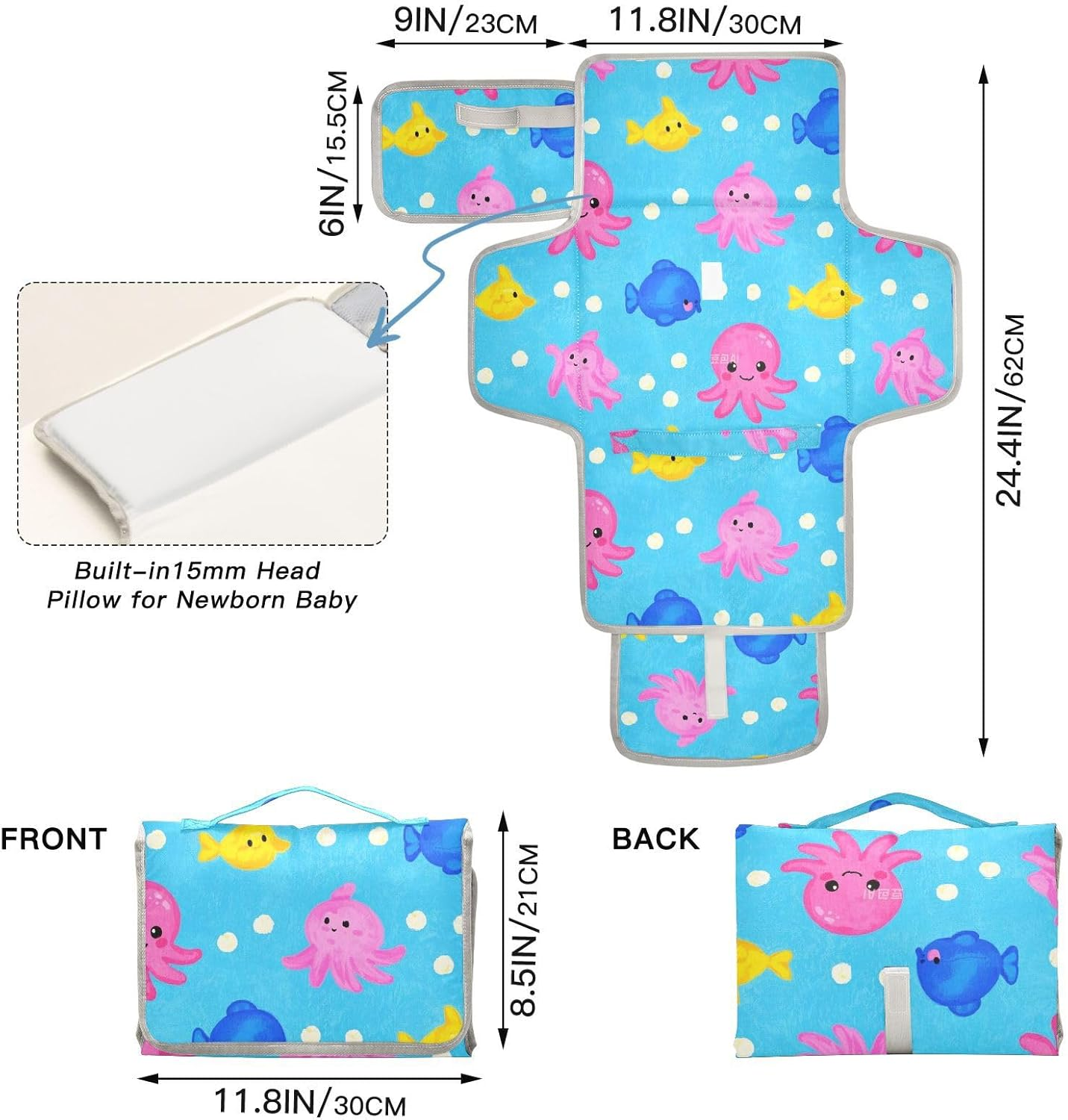Reusable Changing Mat with Tissue Pocket Cartoon Animal Animal Sea Fish Blue Colorful Waterproof Changing Pad Lightweight & Foldable Changing Cambiadores De Pa?Ales Para Bebes image number 1