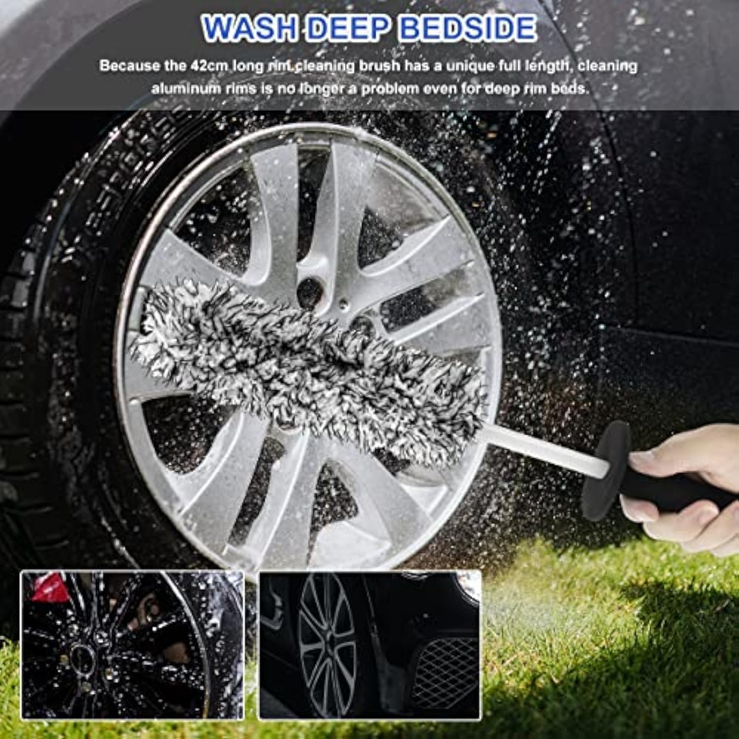 2Pcs Wheel Brush, Car Premium Wheel Brush, Soft Wheel Cleaning Brush, Non-Metallic Rim Cleaner Brush with Ergonomic Handle, Tire Brush, Rim Tire Detailing Brush for Cleaning Wheels (Blue+Grey) image number 2