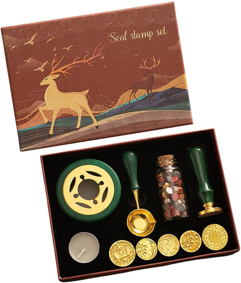 Generic Wax Seal Kit with 6Pcs Seal Stamp, Bottle of Wax Beads, Spoon, Candle, Wax Melt Warmer for Christmas Vintage Envelopes Letters Mailing Crafts Envelopes Letter Cards Wedding