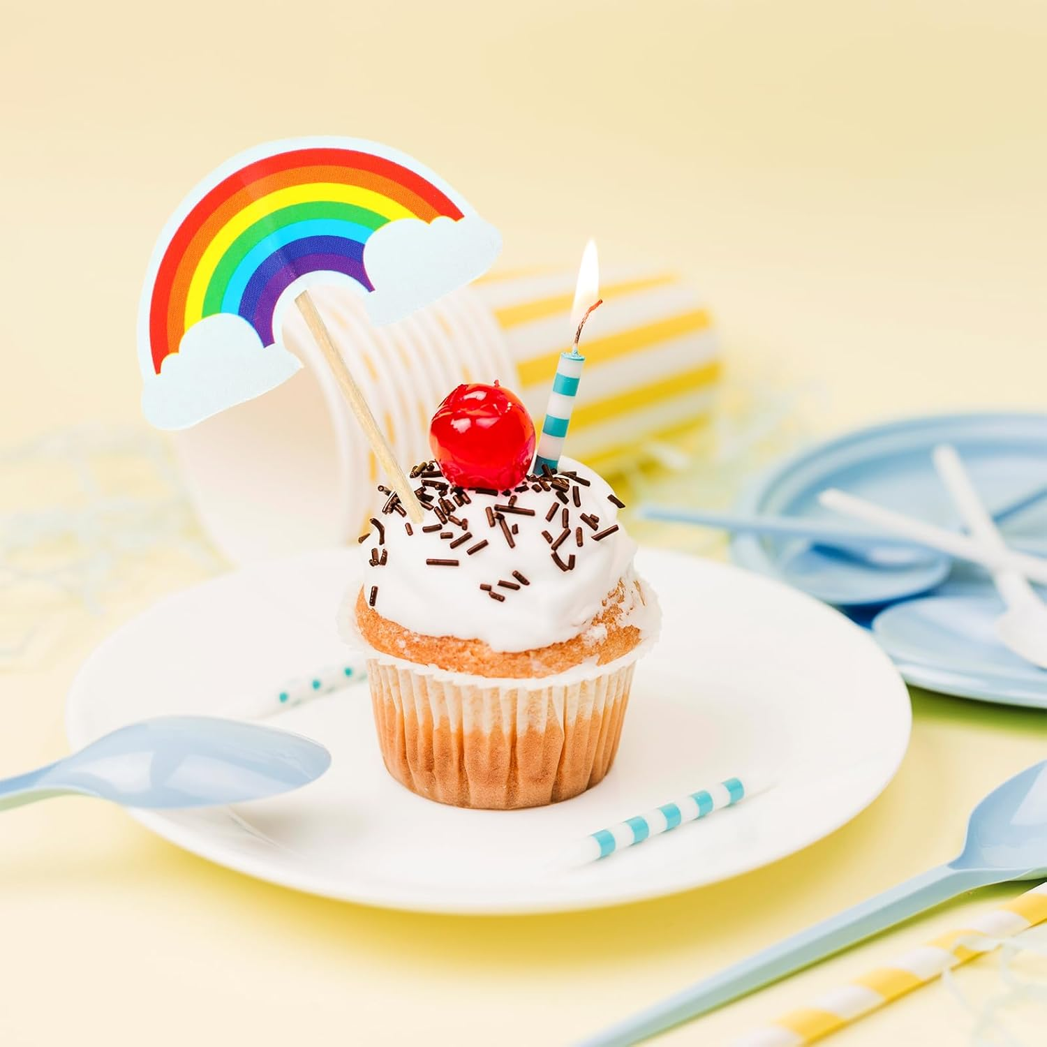 COMNICO 24 PCS Rainbow Cupcake Toppers Theme Party Cake Decorations DIY Cake Picks Insert Toppers Cute Dessert Decorating Supplies for Girl Boys Baby Shower Birthday Party Baking image number 3