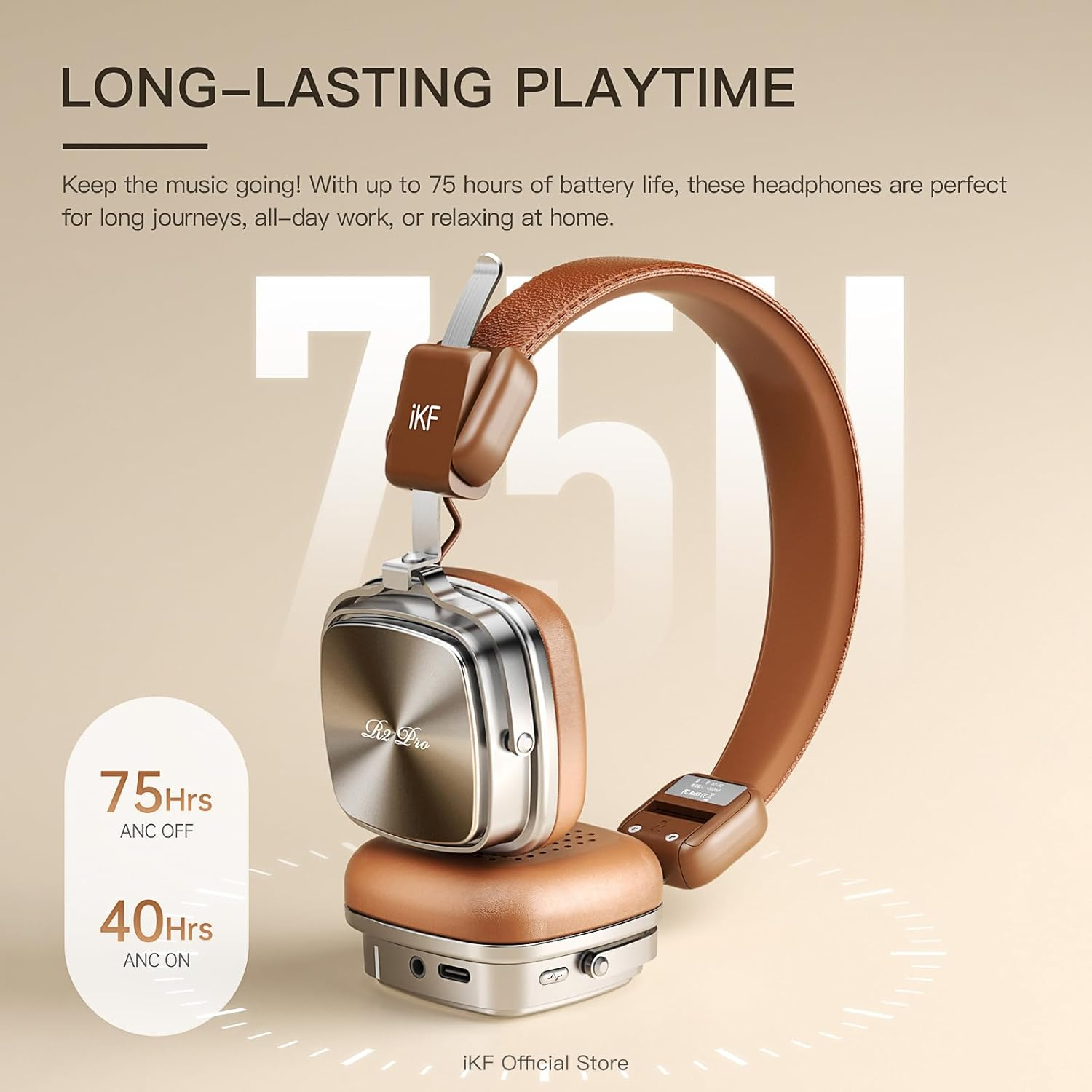 Ikf R2 Pro Active Noise Cancelling on Ear Retro Headphones, Foldable Bluetooth Wireless Headset with Built-In Microphone, 75H Playtime, Hifi Audio, Wired Connection, Comfortable and Vintage Design image number 3
