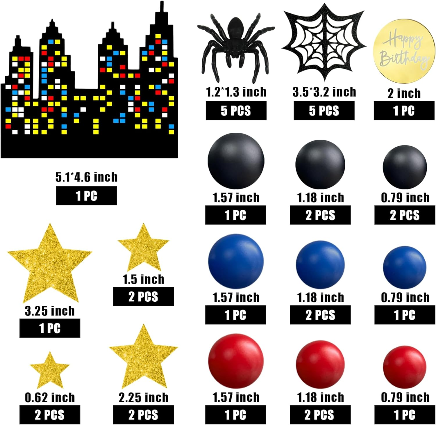 DRWATE Spider Cake Topper with Black Red and Blue Balls Spiders Webs Stars City for Boys Men Birthday Party Baby Shower Supplies (City) image number 4
