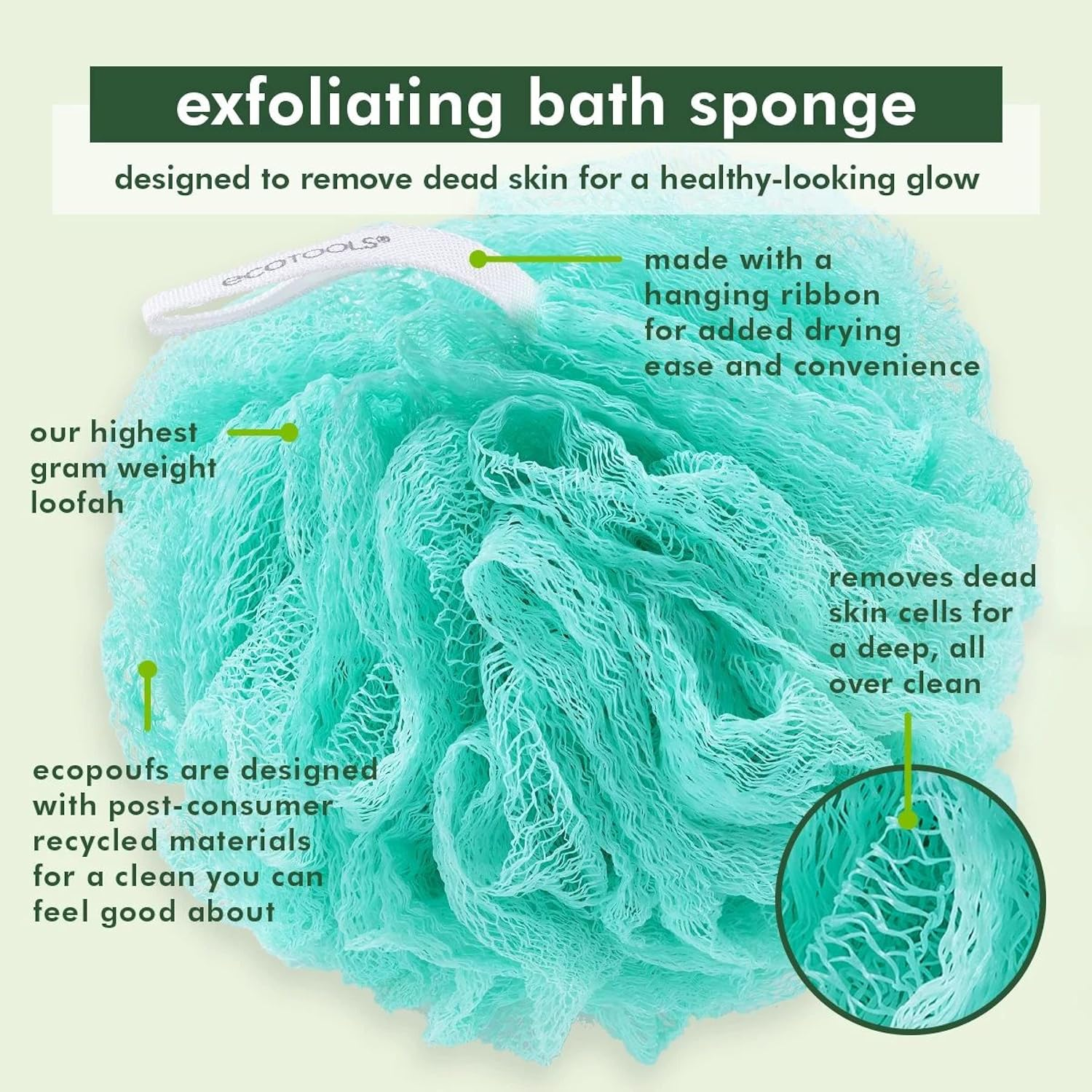 Ecotools Exfoliating Ecopouf, Shower Loofah Scrubs & Cleanses, Pouf with Recycled Netting, Exfoliation Removes Dead Skin, Eco-Friendly Bath Accessory, Cruelty-Free, Color May Vary, 6 Count (60G) image number 2