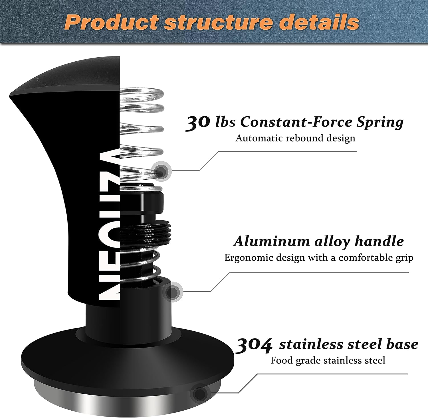 NEOUZA Espresso Tamper V2 Dual Calibrated Spring Loaded for Coffee Machine Portafilter, anti Pressure Deflection, Refined Handle, Stainless Ripple Base (53.3Mm) image number 2