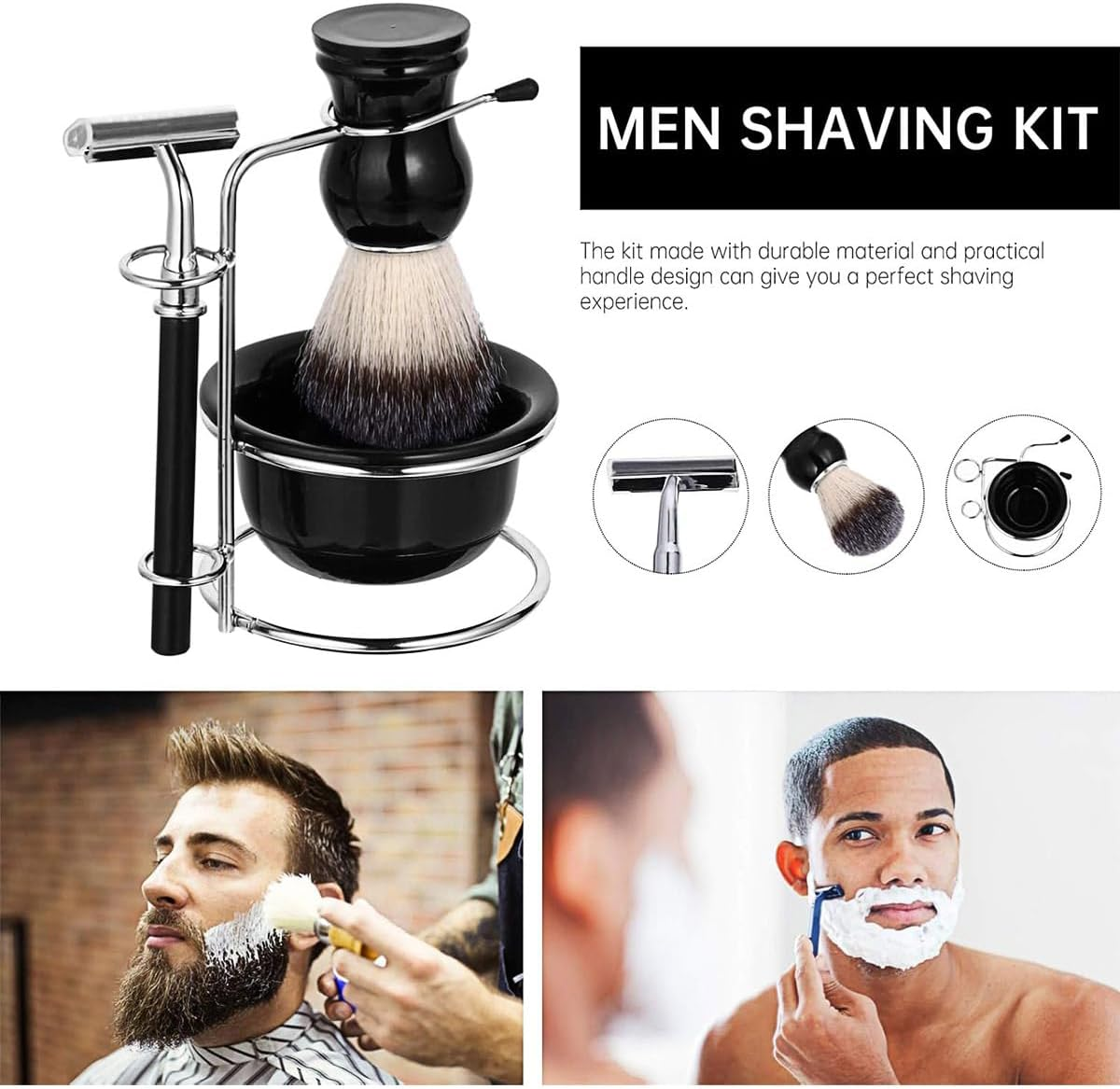 Jade Deals 5PCS Shaving Kit Set - 5.7&times;3.82In Chrome Stand, Safety Manual Razor, Soft Bristle Brush, Shaving Bowl, Men'S Grooming Essentials for Traditional Wet Shave