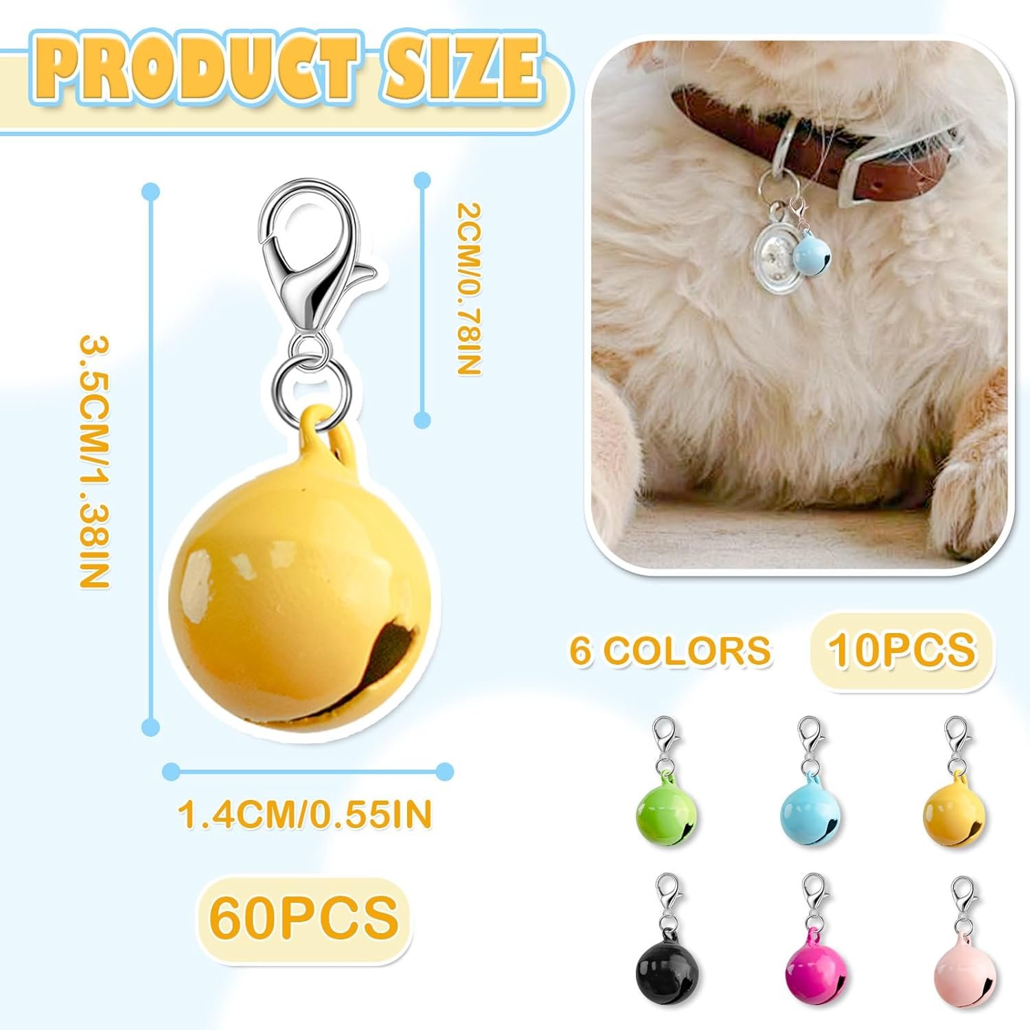 GTILE 60 Pcs of Cat Bell for Collars, Small Jingle Bells for Dog Collars, Cat Bells for Collar Loud, Candy Colors Pet Bell with Clasp for Dog Collar Charms and Holiday Party Decoration image number 1