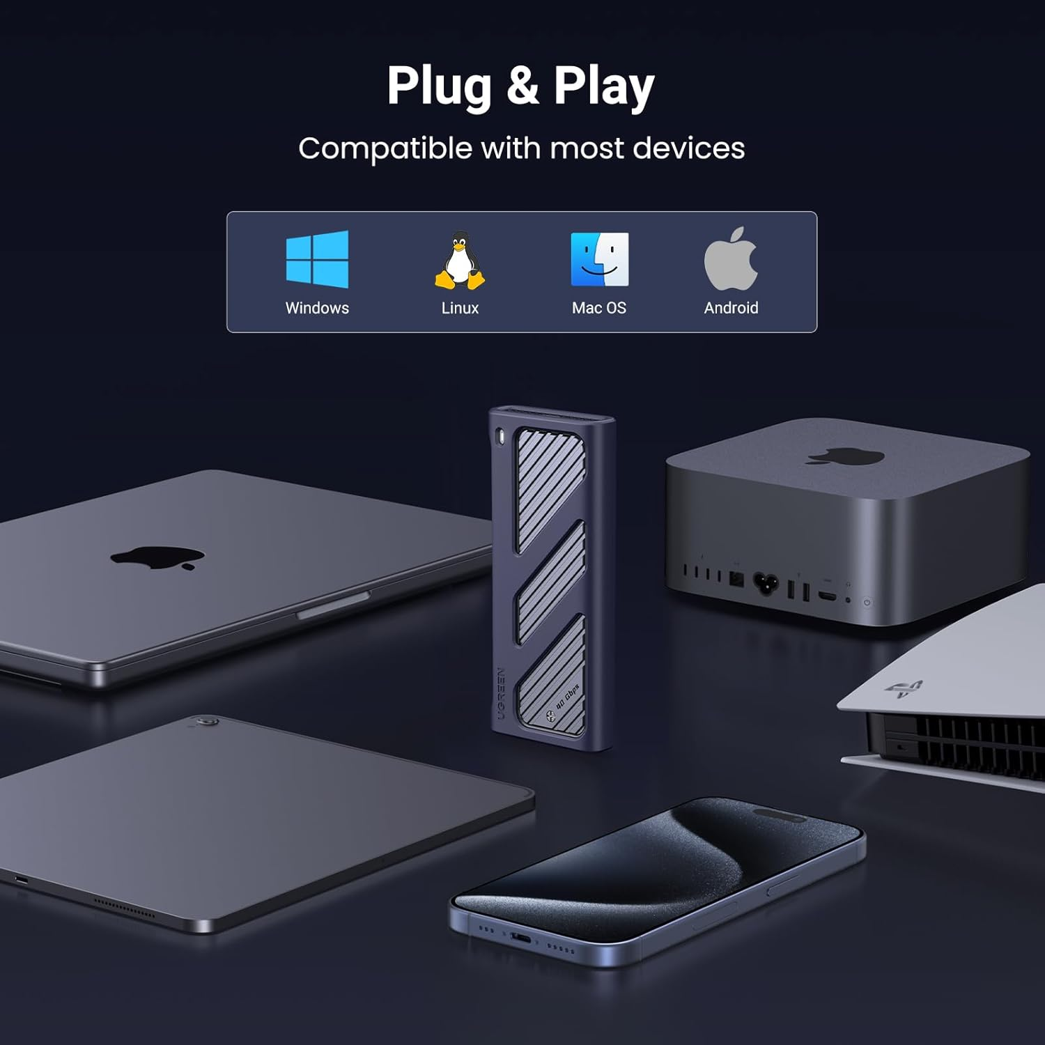 UGREEN 40Gbps M.2 Nvme Enclosure with Cooling Fan, Anti-Drop Aluminum Shell, Support UASP & Trim, Compatible with M and M&B Key and Size in 2230/2242/2260/2280 Ssds image number 4