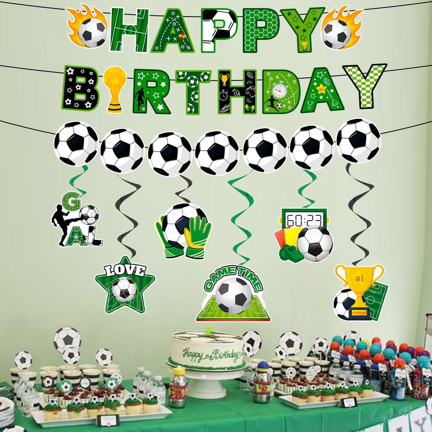Soccer Hanging Swirl, 8 Pcs Soccer Birthday Party Decorations Set - Happy Birthday Football Banner, Football Themed Hanging Foil Swirls & Garland for Birthday Party Supplies image number 1