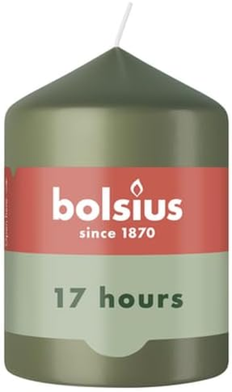 Bolsius - Essentials - Pillar Candle - Olive Green - 8 Cm - Length Burning Time 17 Hours - Unscented - Natural Plant Wax - without Palm Oil