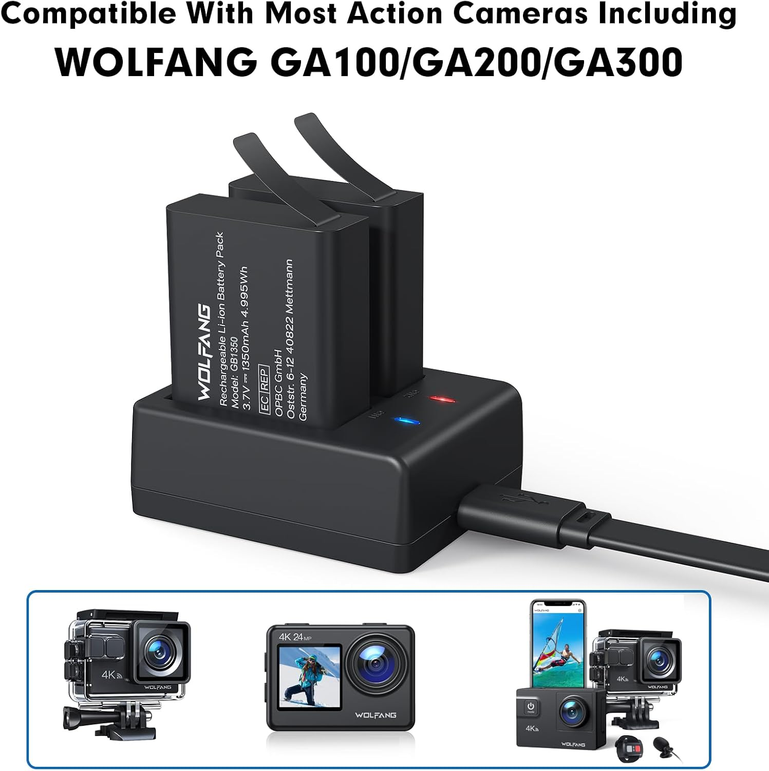 WOLFANG Action Cam Battery Charging Set with Two 1350 Mah Batteries and USB Charger for GA100 / GA200 / GA300 image number 6