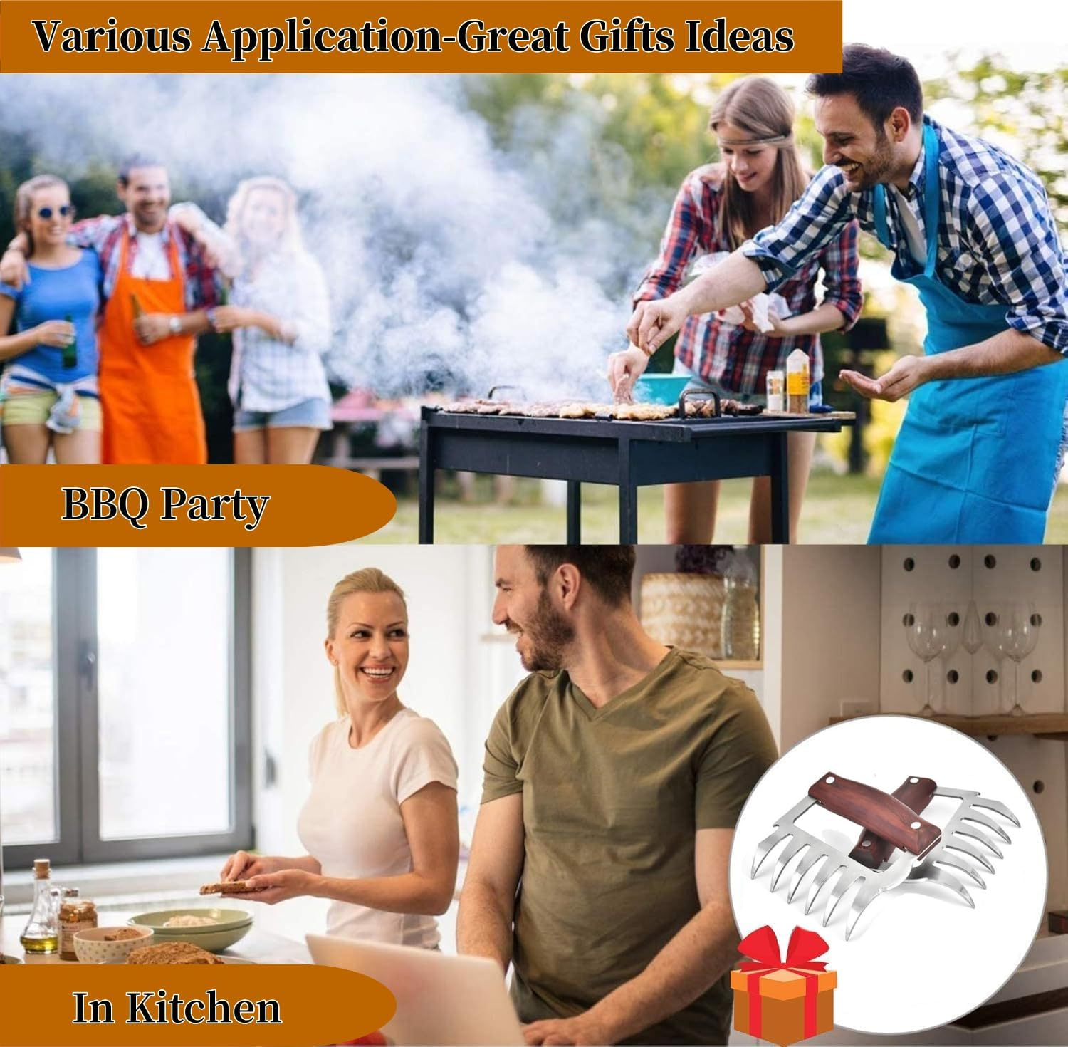 2 Pcs Stainless Steel Forks with Wooden Handle，Stainless Steel Bear Claws Chicken Meat Shredder, Pork Beef Chicken Handles Metal Shredders Pulled Pork BBQ Food Claw image number 5