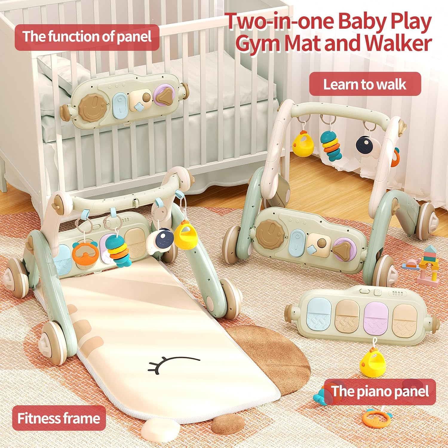 Jovow 2 in 1 Baby Gym with Walker,Baby Play Mat with 4 Infant Learning Sensory,Double-Sided Multifunctional Removable Play Piano Panel,Sit-To-Stand Learning Walker for 0-24 Months Boy Girl [White] - Colorful image number 4