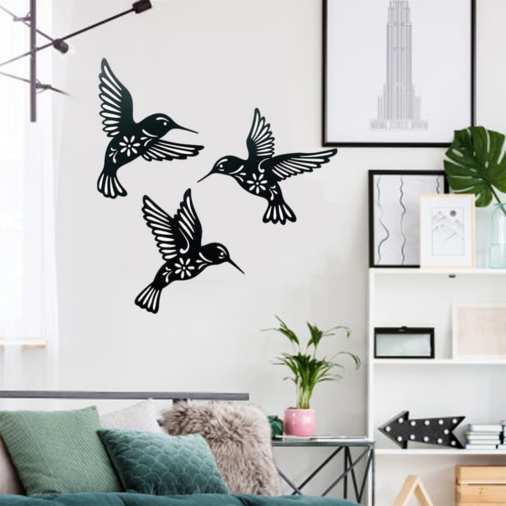 3 Pcs Black Metal Hummingbird Wall Art Decor - Iron Cutout Decorations for Home Hanging - Suitable for Patio, Balcony, Yard, Living Room, Bedroom, and Office image number 1