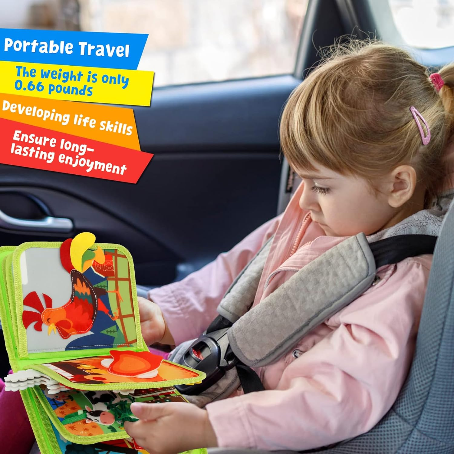 Busy Book for Toddlers 1-3, 18In1 Farm Animal Busy Book Travel Toys Montessori Quiet Books Preschool Learning Activities for Boys Girls Infants (Green- Farm) - Blue-With Handle image number 7