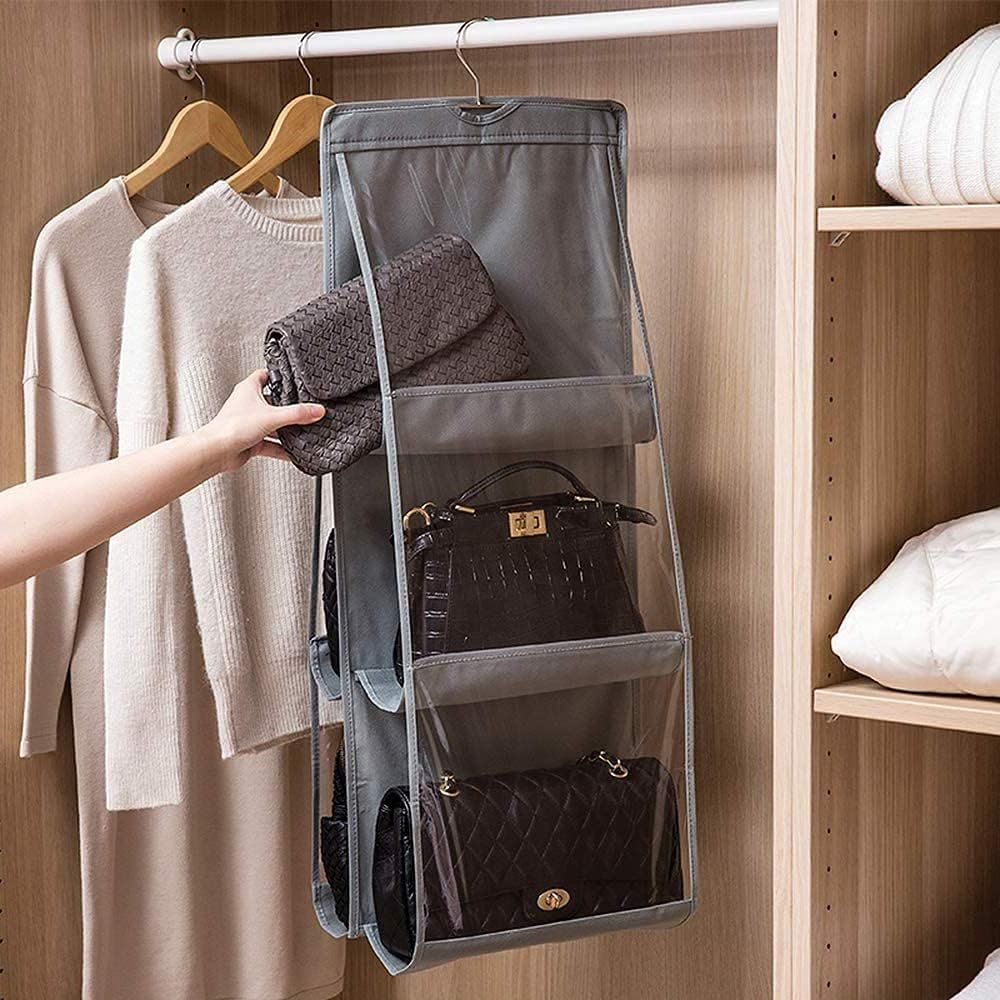 MICOKAY Hanging Closet Organizer, 2 Pcs 6 Pockets Hanging Handbag Purse Organizer for Family Closet Bedroom, Foldable and Universal (Black&Grey) image number 2