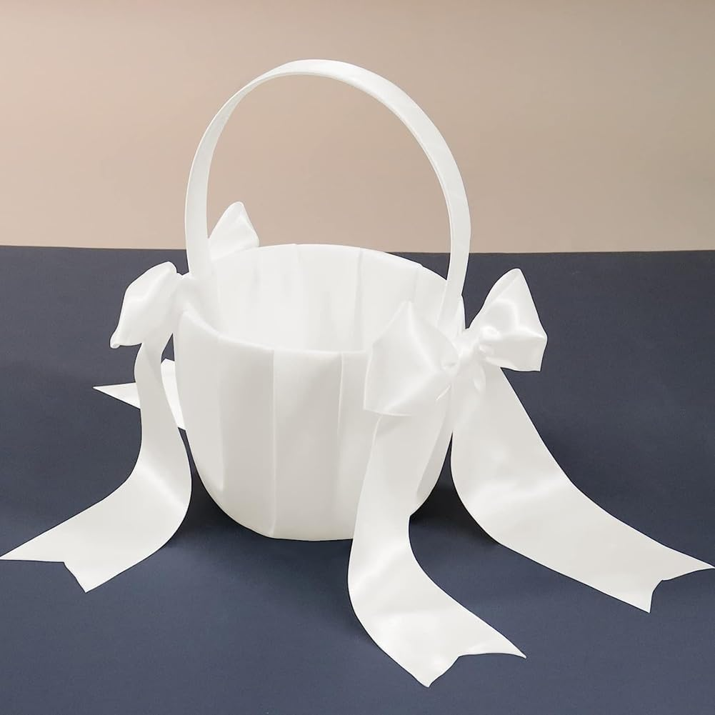 Veumoie 2 Piece White Flower Girl Basket Wedding Basket for Flower Cute Satin Flower Girl Basket image number 3