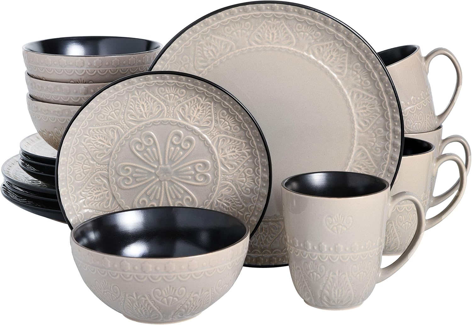 Gibson Milanto 16-Piece Dinnerware Set Featuring Embossed Reactive Glaze Stoneware, Plates, Bowls & Mugs, Blue