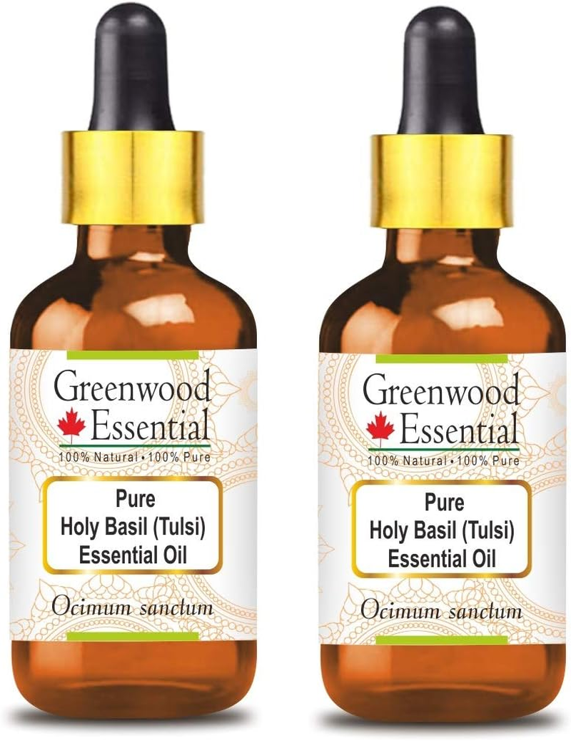 Greenwood Essential Pure Holy Basil (Tulsi) Essential Oil (Ocimum Sanctum) with Glass Dropper Steam Distilled for Personal Care (Pack of Two) 100Ml X 2 (6.76Oz)