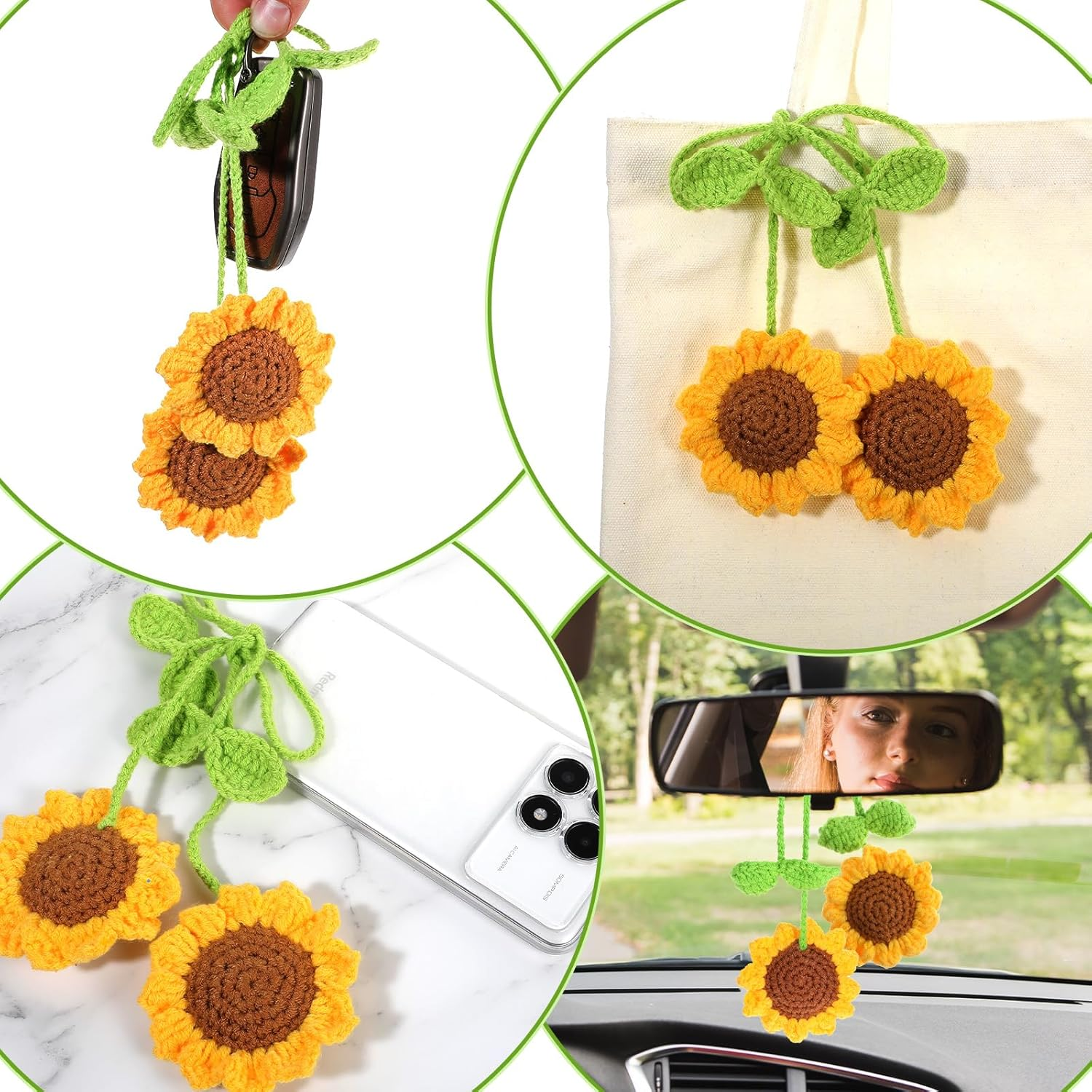 2PCS Sunflower Car Accessories, Handmade Sunflower Car Rear View Mirror Hanging Accessories Cute Crochet Cars Charm Ornaments for Interior Decorations Hanging(Yellow Green) image number 5