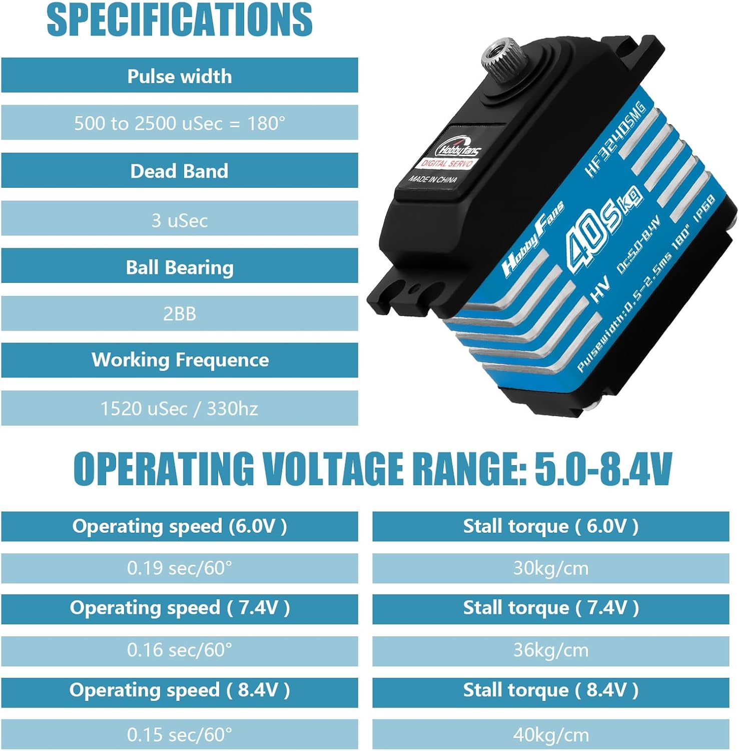 Hobby Fans RC Digital Servo, IP68 Waterproof 40KG Metal Gear Servo High Torque Servo with 25T Servo Horn for 1/12 1/10 1/8 RC Car RC Crawler Robot Boat (Blue) - Blue image number 1