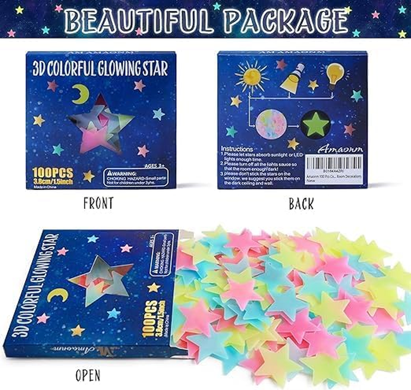 100 Pcs Colorful Glow in the Dark Luminous Stars Fluorescent Noctilucent Plastic Wall Stickers Murals Decals for Home Art Decor Ceiling Wall Decorate Kids Babys Bedroom Room Decorations image number 5
