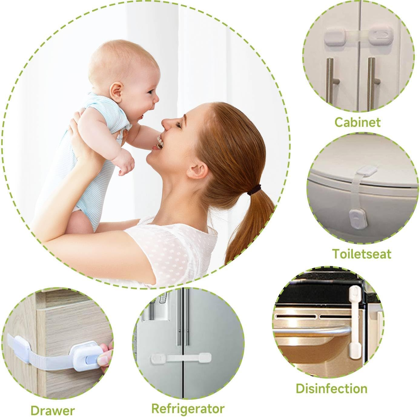Child Safety Cabinet Locks - (10 Pack White) Baby Proofing Latches to Drawer Door Fridge Oven Toilet Seat Kitchen Cupboard Appliance Trash Can with 3M Adhesive - Adjustable Strap No Drill No Tool image number 6