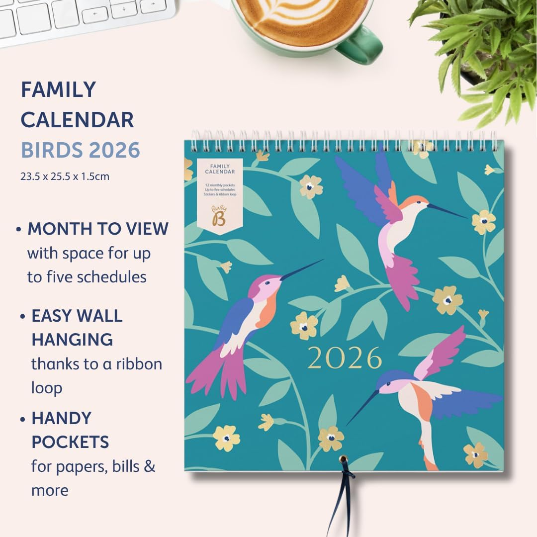 Busy B - Large Family Wall Calendar 2026 - Birds Design with 5 Columns & Storage Pockets - Monthly Calendar 2026 for Busy Families with Colour-Coded Stickers - 23.5 X 25.5 Cm image number 5
