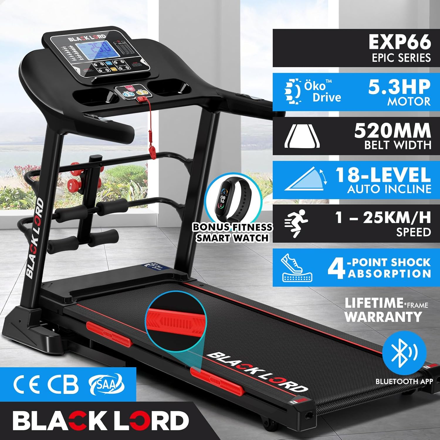 BLACK LORD Treadmill Foldable Running Machine Auto Incline Fitness Equipment 5.3 HP Electric Exercise Walking Jogging Hiking Cardio Aerobic Trainer Home Gym Office Commercial (EXP66 Epic Series) image number 2