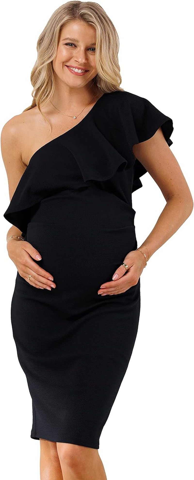 Laclef Women'S Maternity Ruffled One Shoulder Side Ruching Dress