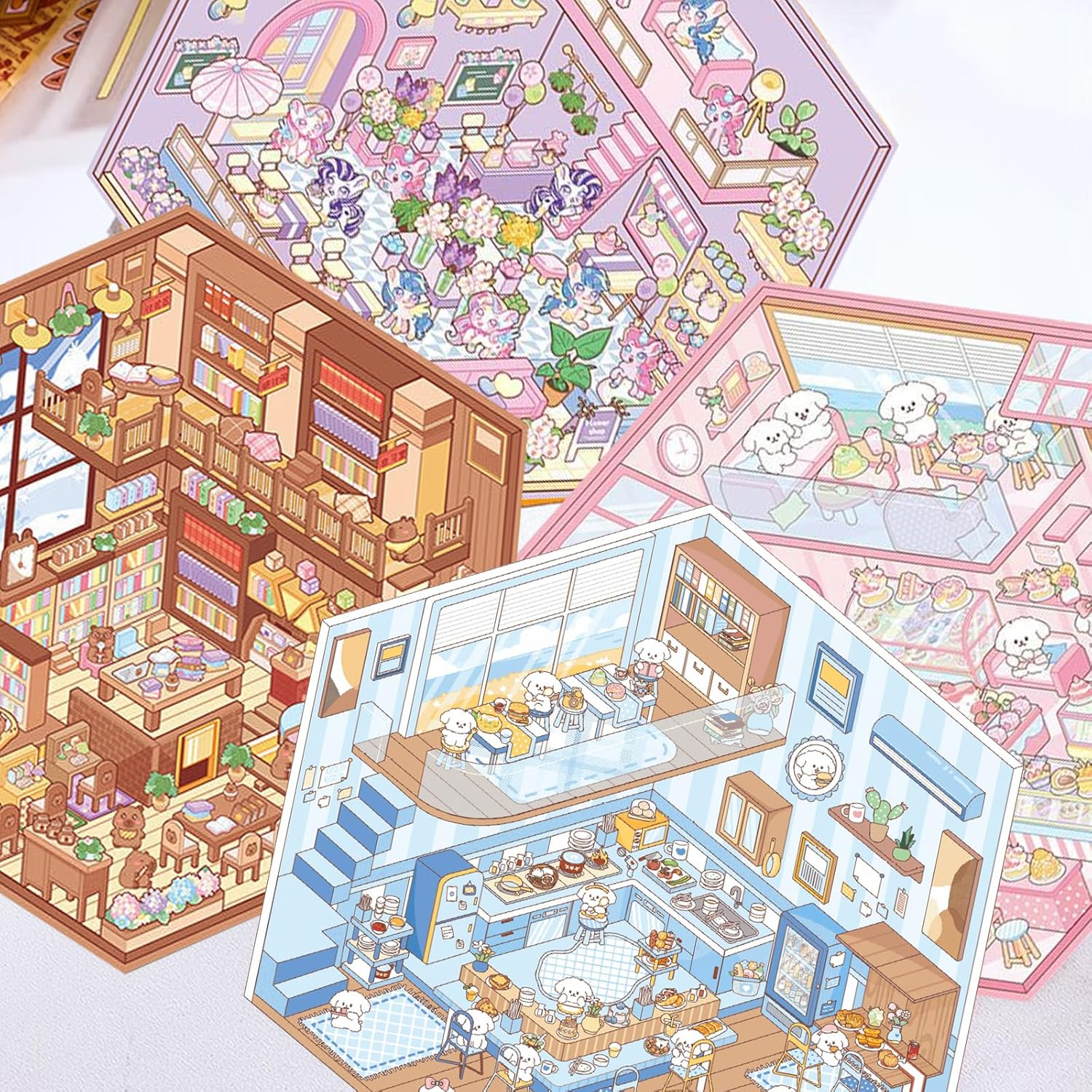 3D House Scene Stickers - 6 Sets DIY Mini Shop Stickers for Kids & Adults, Cute Cartoon Animal Stickers for Stress Relief & Creativity (Make Your Own 3D Sticker Scenes) (Stickers-A-1) image number 2