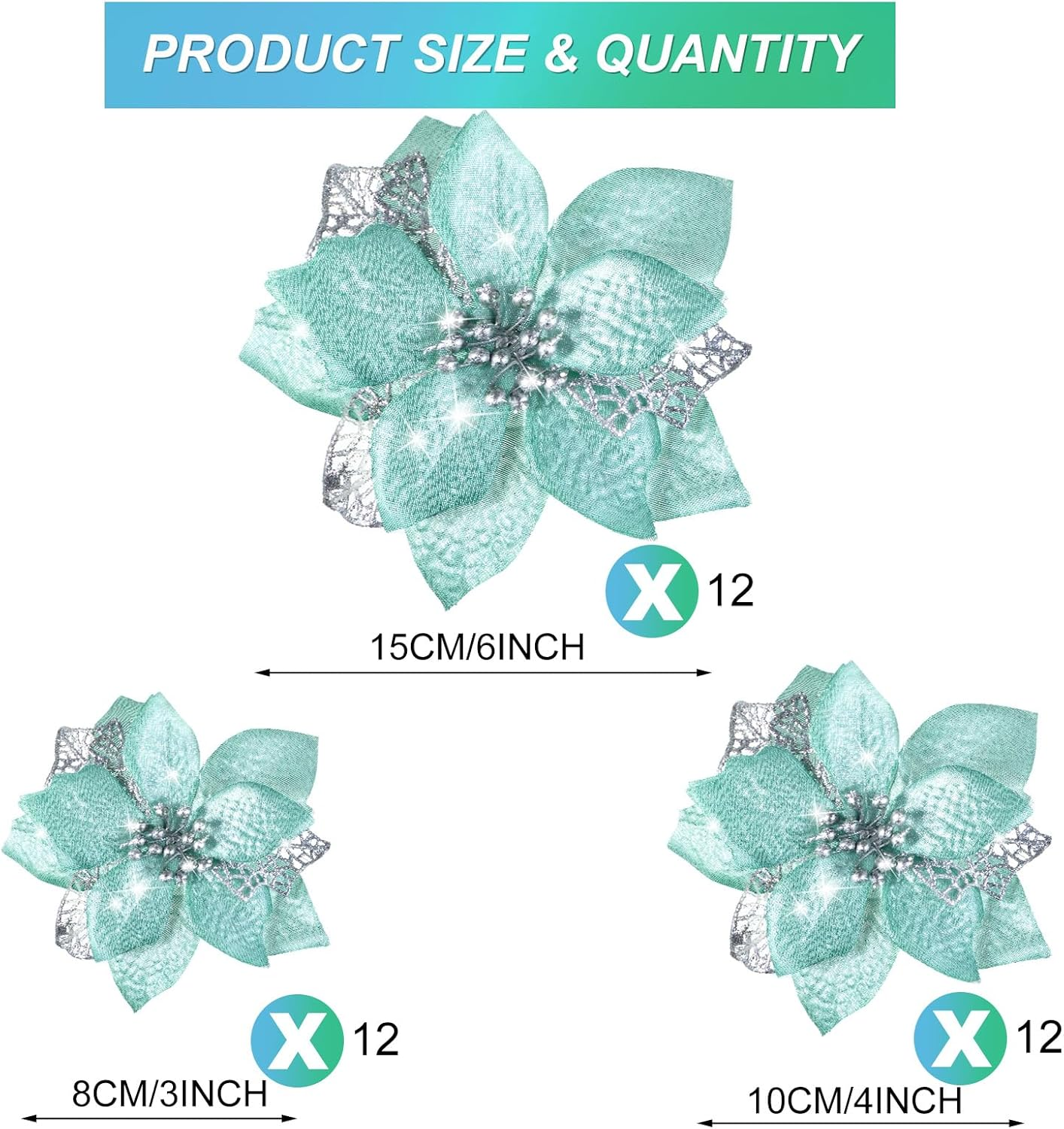 WILLBOND 36 Pieces Christmas Poinsettia Glitter Faux Flowers Christmas Artificial Flowers Tree Ornaments Topper Xmas Decorations(Blue-Green) image number 2