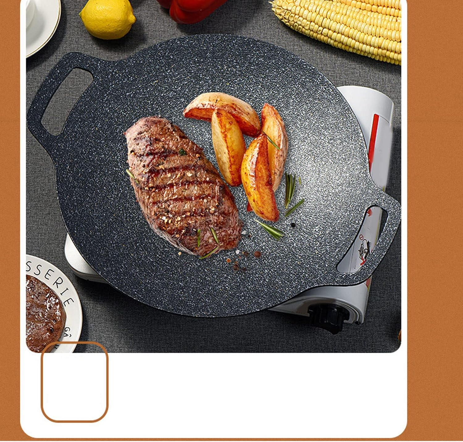 Aluminum round Griddle Grill Pan, Medical Stone Coating Easy to Clean Reusable Korean Grill Pan Nonstick with Food Clip for Outdoor (38Cm) image number 5