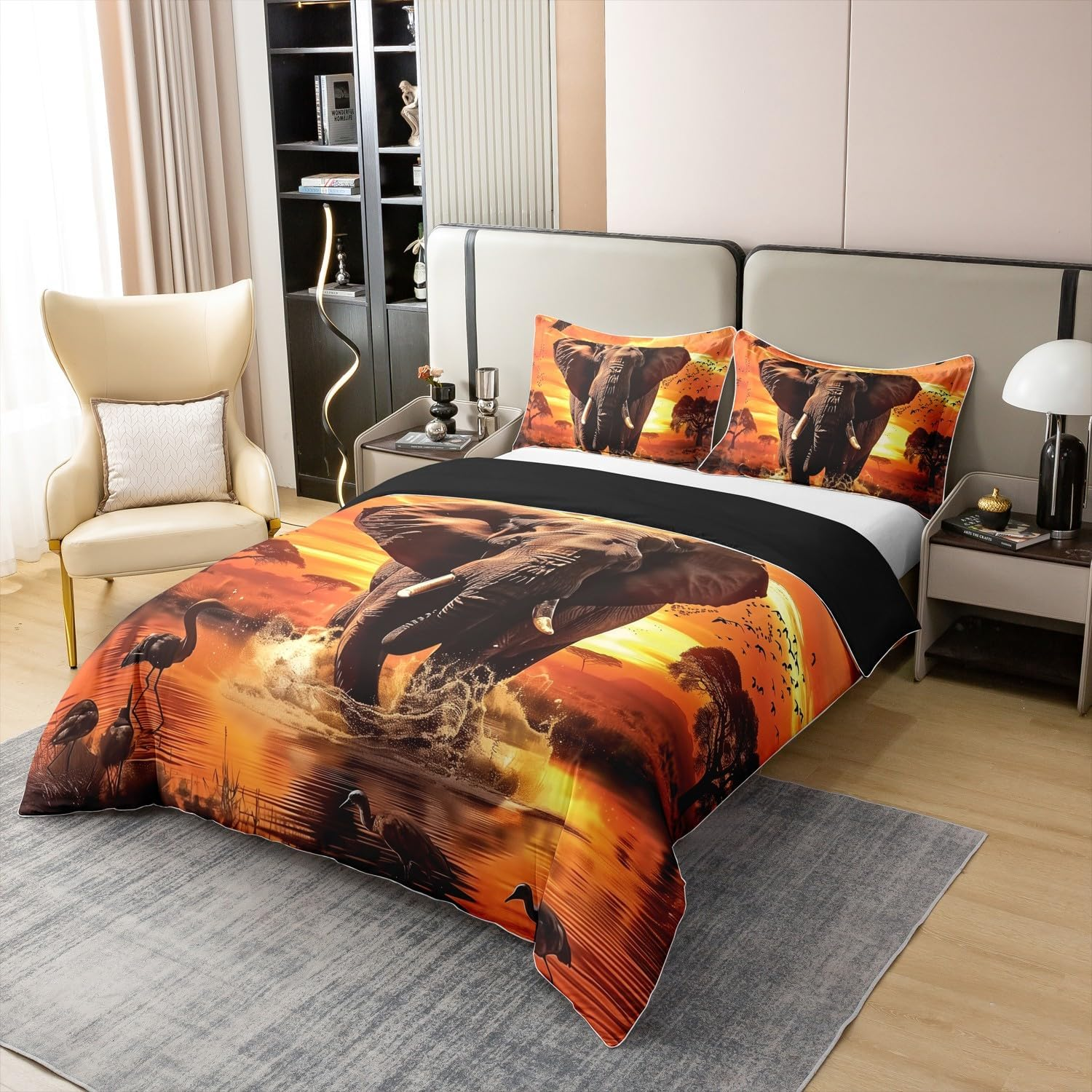 100% Cotton Elephant Bed Linen Set, Sunset Landscape Bed Linen, African Wildlife Duvet Cover 200 X 200.2 Cm Pillowcases, Eagle Comforter Cover, Animal Theme Duvet Cover for Room Decor, Orange image number 4