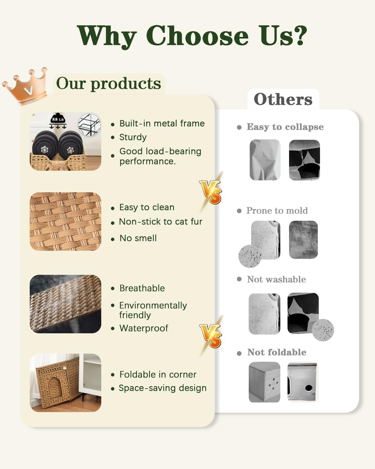 Homodoskey Cat Beds for Indoor Cats, Large Foldable Handwoven Rattan Cat Cave for Pet Cat House, Cute Kitten Condo Hideaway Hut with Soft Mat for Pets