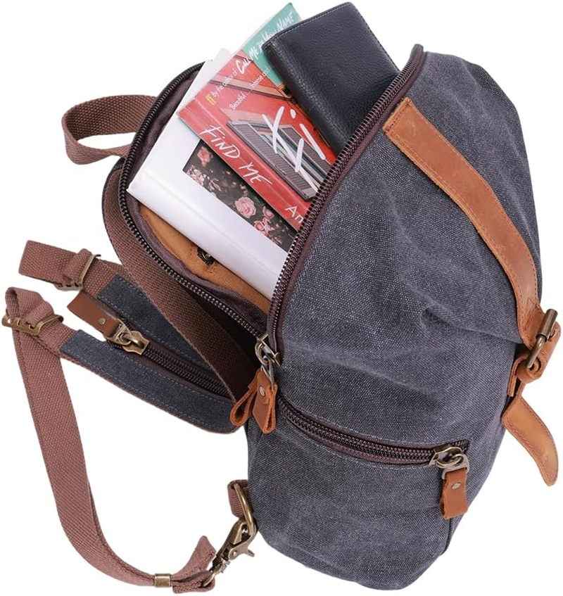 Black Canvas Leather Multi-Function Gear - Crossbody Backpack/Shoulder Casual Daypack/Rucksack for Cycling Hiking Travel | Water-Resistant | 35X27X12Cm Unisex