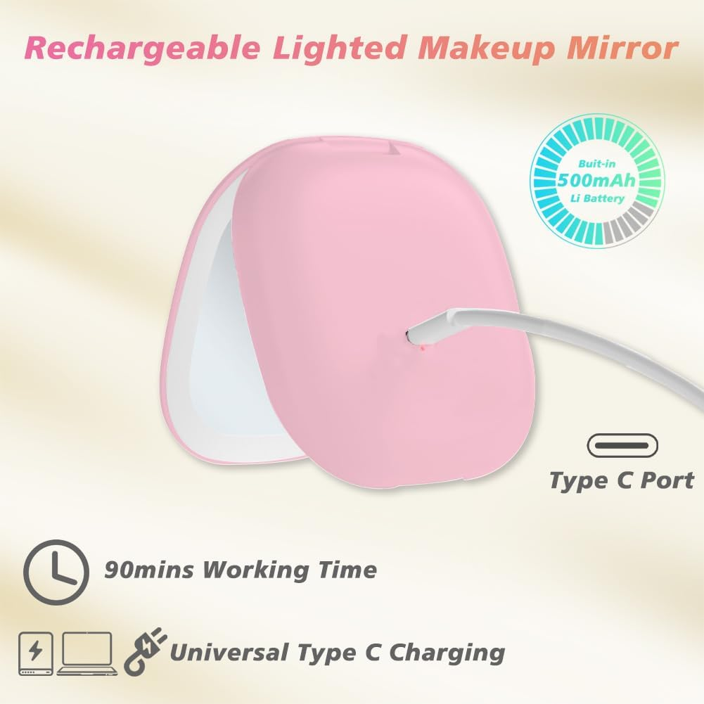 Compact LED Magnifying Travel Makeup Mirror 1X/10X Magnification Small Hand Pocket Mirror 3 Light Colors Dimmable Double Sided USB Rechargeable Touch Screen, Portable Cosmetic Mirror(Pink) image number 6