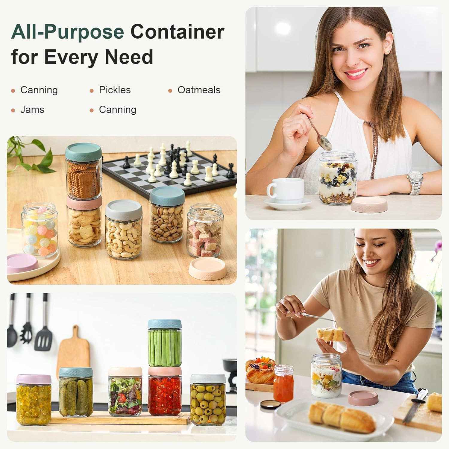 3Pcs 16Oz Glass Jars with Airtight Lids, Overnight Oats Containers with Lids, Wide Mouth Mason Salad Jars, Glass Food Storage Containers for Snacks Yogurt Spice Sugar image number 5