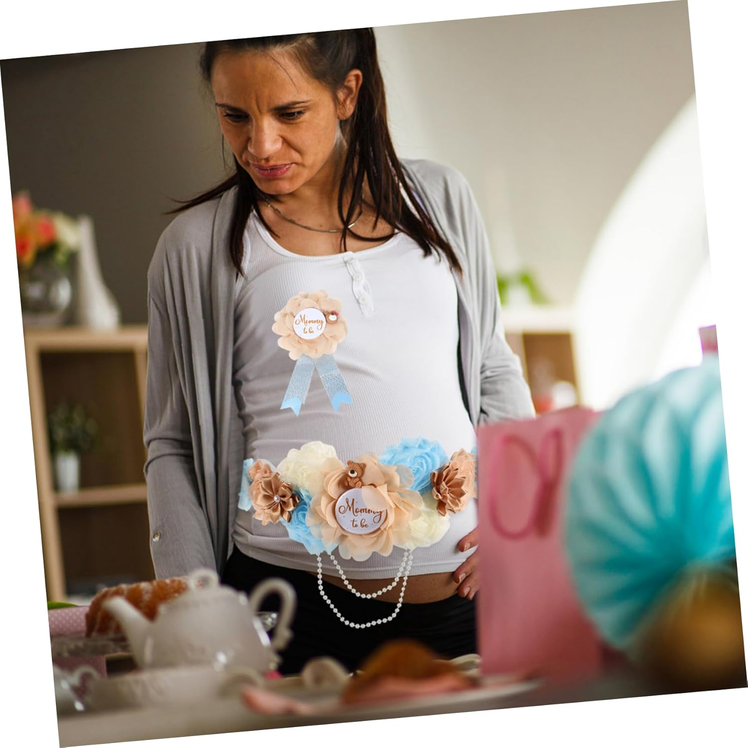 Kisangel Set Maternity Sash and Pins Set Mom Sash with Handmade Corsage for Showers Pregnancy Celebrations and Special Events Fit for Expectant Parents image number 5