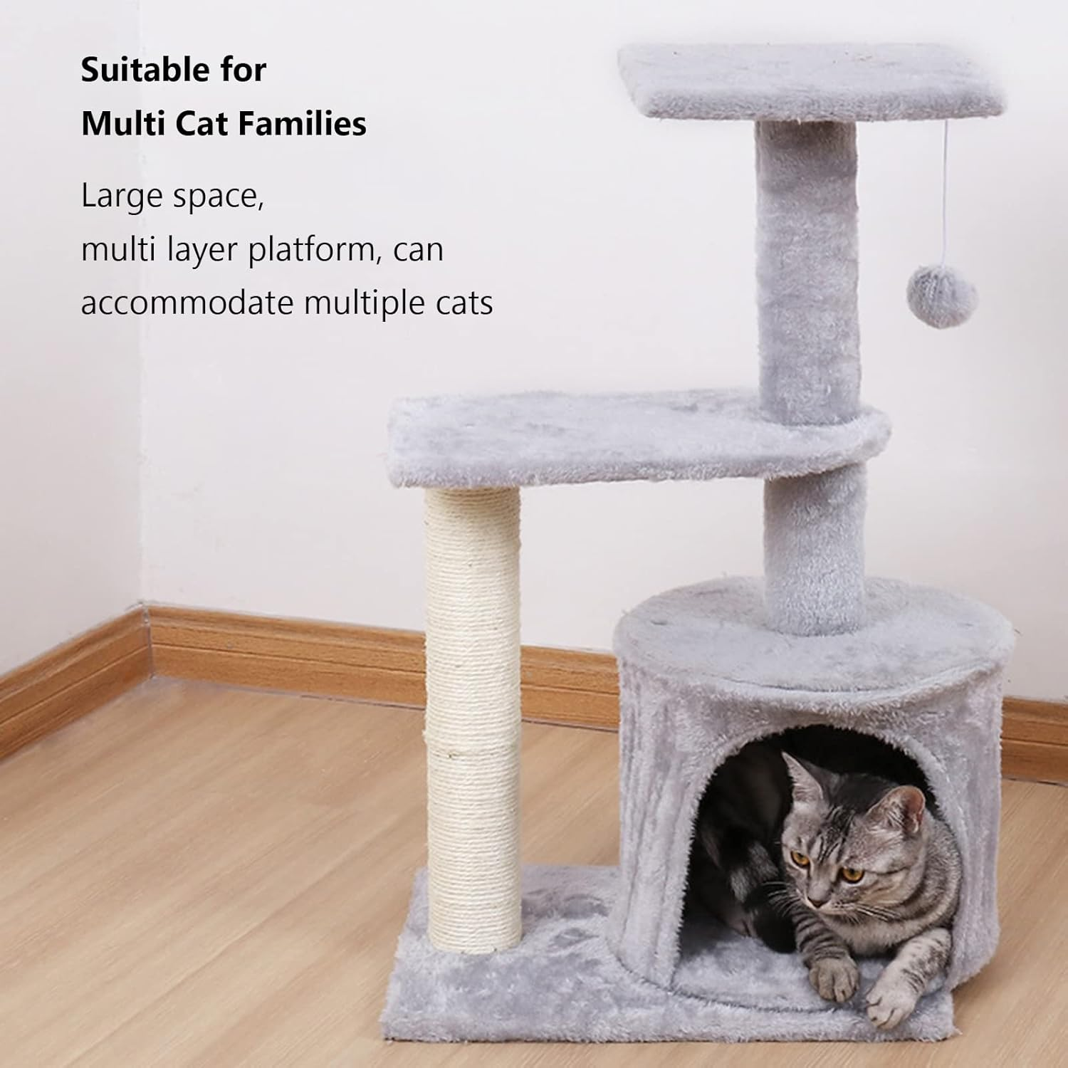 Cat Tree House, Soft Plush Cat Activity Tree with Hanging Plush Balls, Spacious Space Multi Layer Cat Scratching Tower Toy Supplies Cat Scratcher Post for All Seasons image number 5
