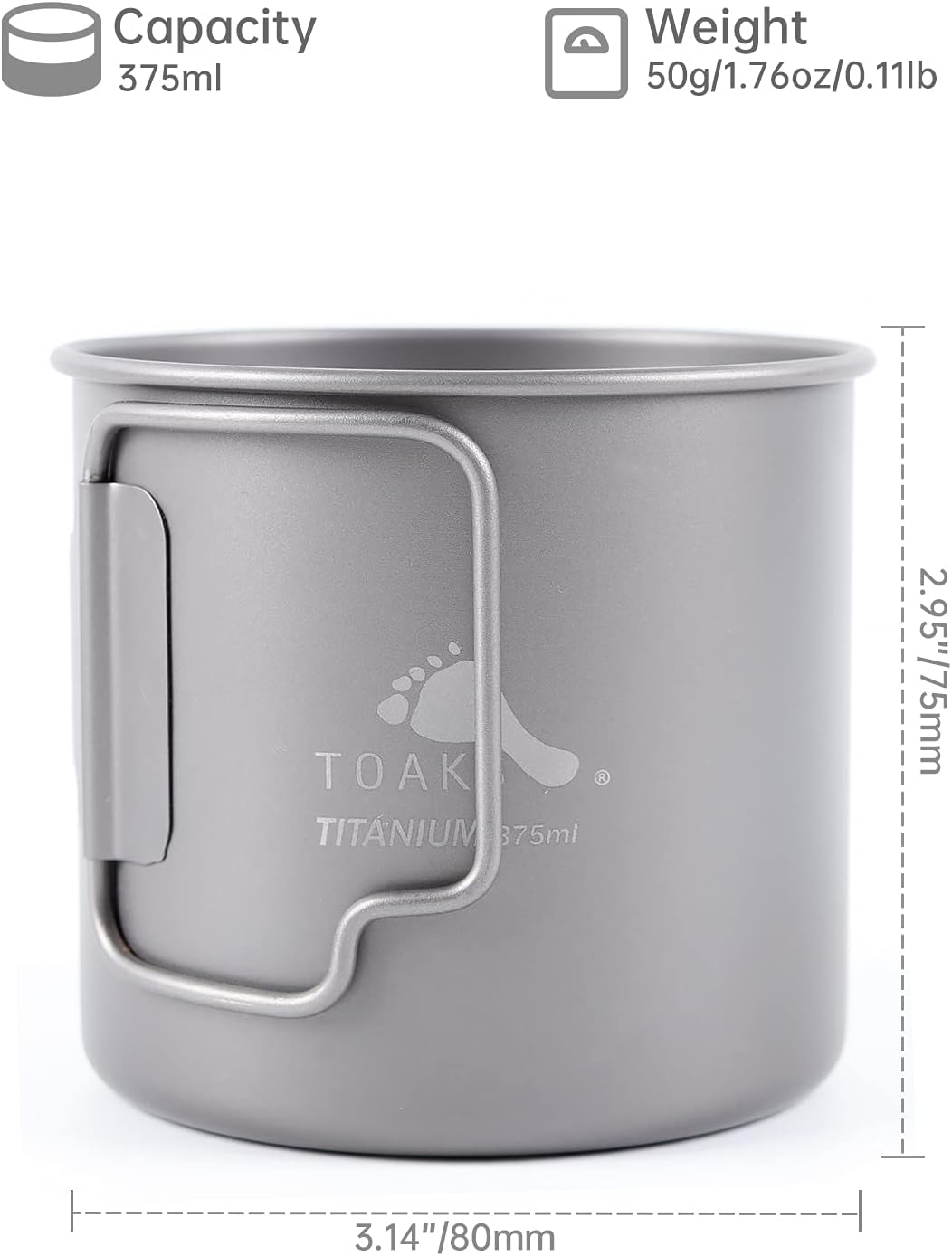 TOAKS Titanium Mug Camping Mug Backpacking Pot Outdoor Picnic Hiking Titanium Tableware (375 Ml) image number 2