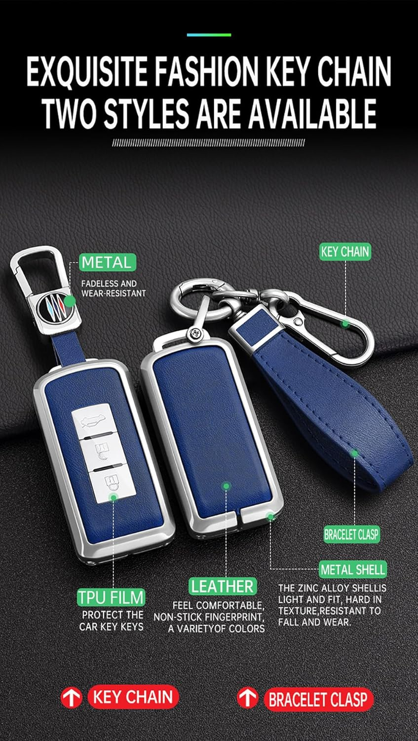 Ontto Metal Car Key Fob Cover Fit for Mitsubishi L200 ASX Outlander Eclipse Cross Pajero Sport Lancer Xpander Triton Leather Key Case Shell Key Holder Keyring Keychain Accessories Silver-Green - Black-Borwn image number 5