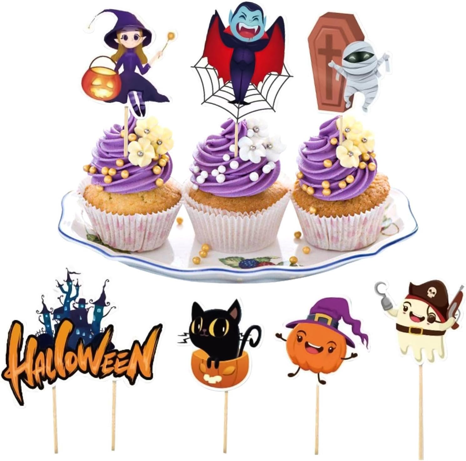 Halloween Cupcake Toppers | 7X Halloween Cupcake Picks | Castle, Zombie, Ghost, Witch, Black Cat, Vampire, Pumpkin Graveyard Tombstone Cupcake Toppers for Horror Party