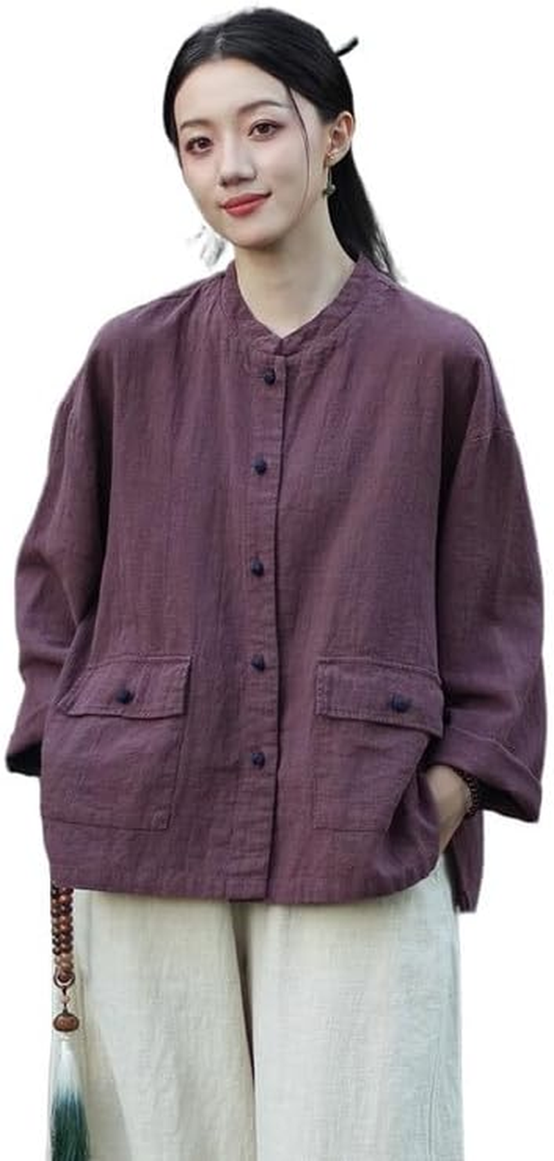 Women'S Vintage Linen Cotton Jacket Chinese Style Button-Down Cardigan Blouse Autumn