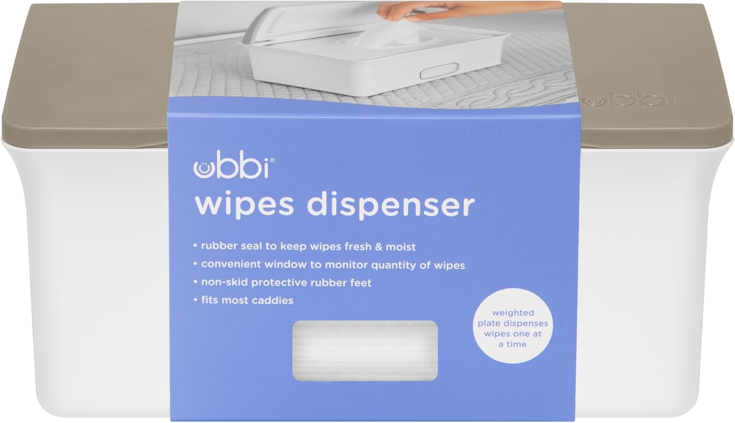 Ubbi Baby Wipes Dispenser with Weighted Plate and Secure Seal, Nursery and Baby Registry Essential to Keep Wipes Fresh, Taupe image number 1