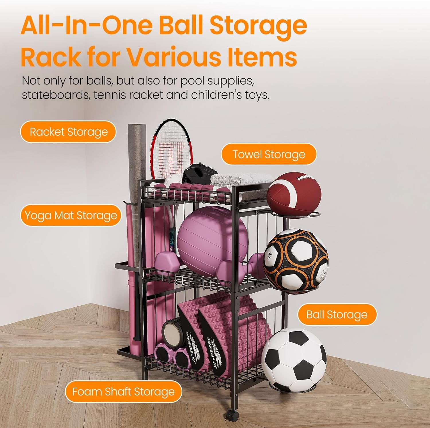 AILRINNI 3-Tier Yoga Rack - Large Capacity, Duty Home Gym, Large-Capacity Sturdy Yoga Mat Storage Rack, Waterproof & Rust-Resistant Fitness Rack, 360&deg; Swivel Wheels & Hooks, for Pilates/Home/Gym - Space-Saving image number 2